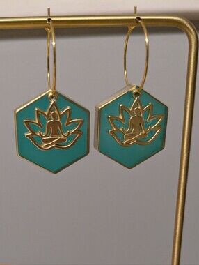 Gold Lotus Hexagon Drop Earrings in Turquoise